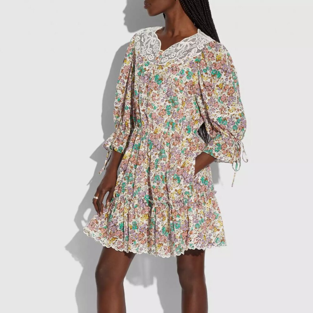 Coach White Lace Floral Tiered Mini Dress Size 2 Romantic Elegant Puff Sleeve